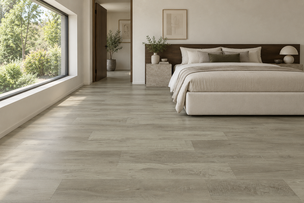 Dentine Waterproof SPC Vinyl Plank Flooring — TFSPC126p-F — daytime bedroom. AI interior visualization based on original supplier finish photos.