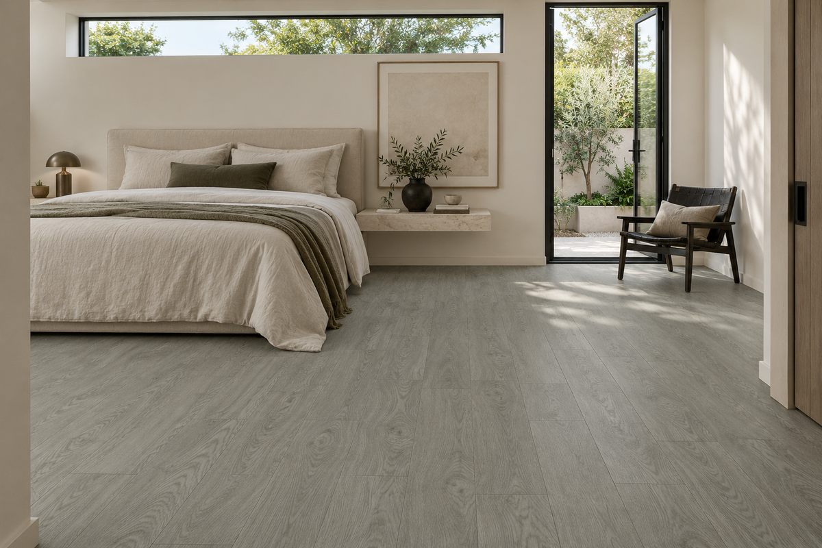 Everest Grey Waterproof SPC Vinyl Plank Flooring — TFSPC202-F — daytime bedroom. AI interior visualization based on original supplier finish photos.