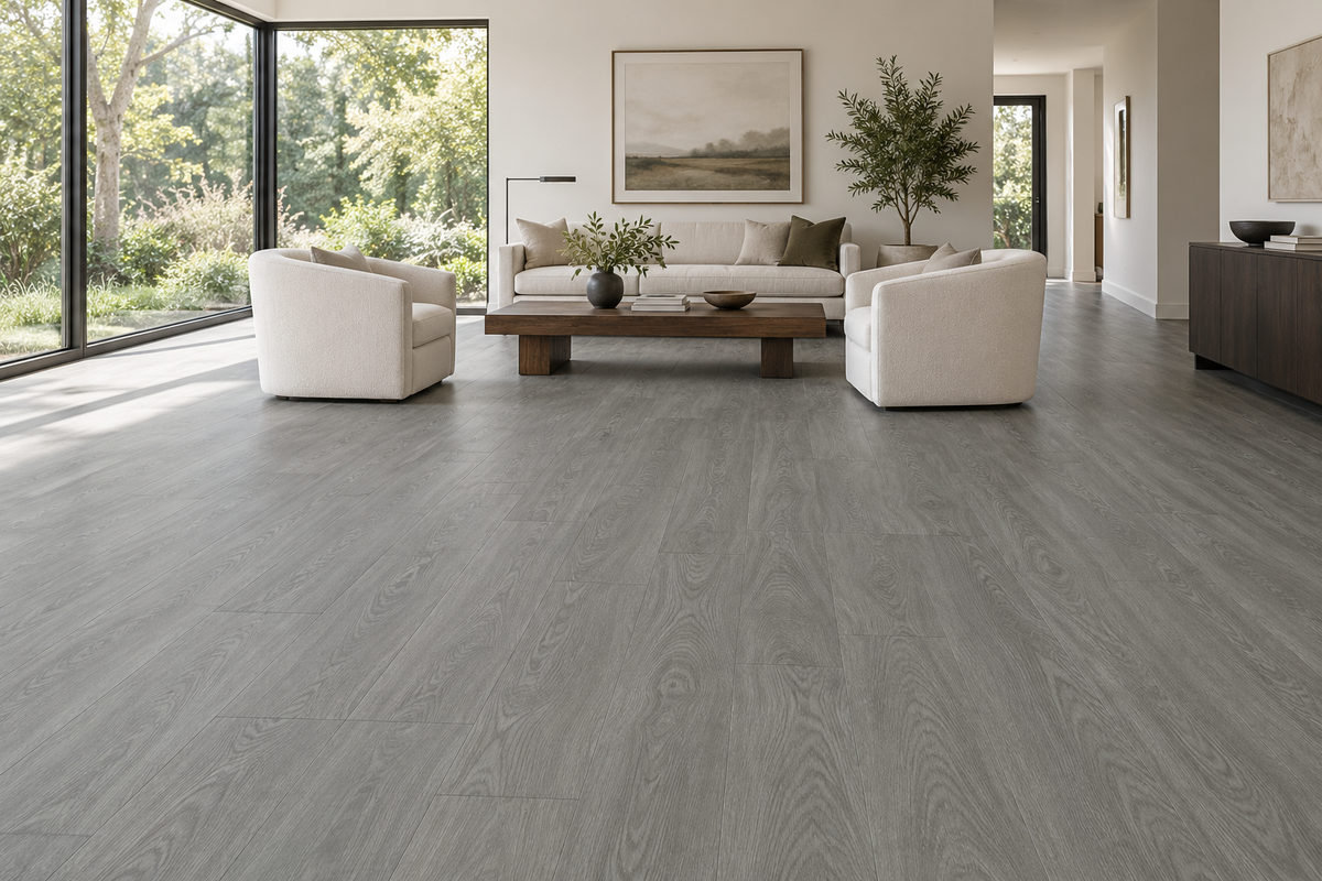 Everest Grey Waterproof SPC Vinyl Plank Flooring — TFSPC202-F — daytime living room. AI interior visualization based on original supplier finish photos.