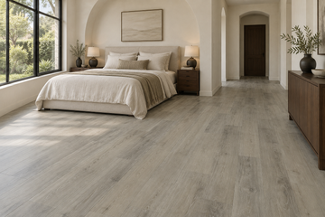 Floating Ice Light Brown Waterproof SPC Vinyl Plank Flooring — TFSPC216-F — daytime bedroom. AI interior visualization based on original supplier finish photos.