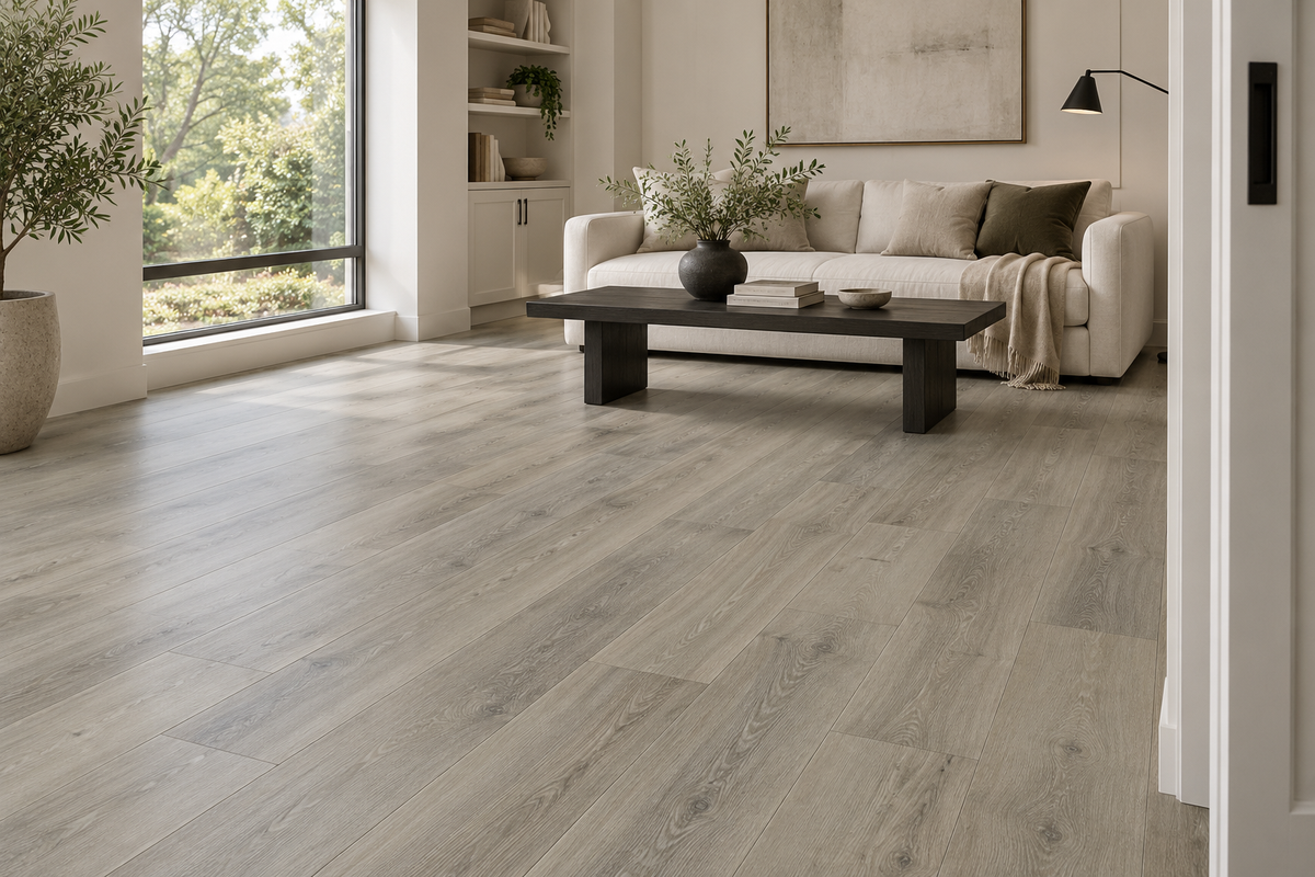Floating Ice Light Brown Waterproof SPC Vinyl Plank Flooring — TFSPC216-F — daytime living room. AI interior visualization based on original supplier finish photos.