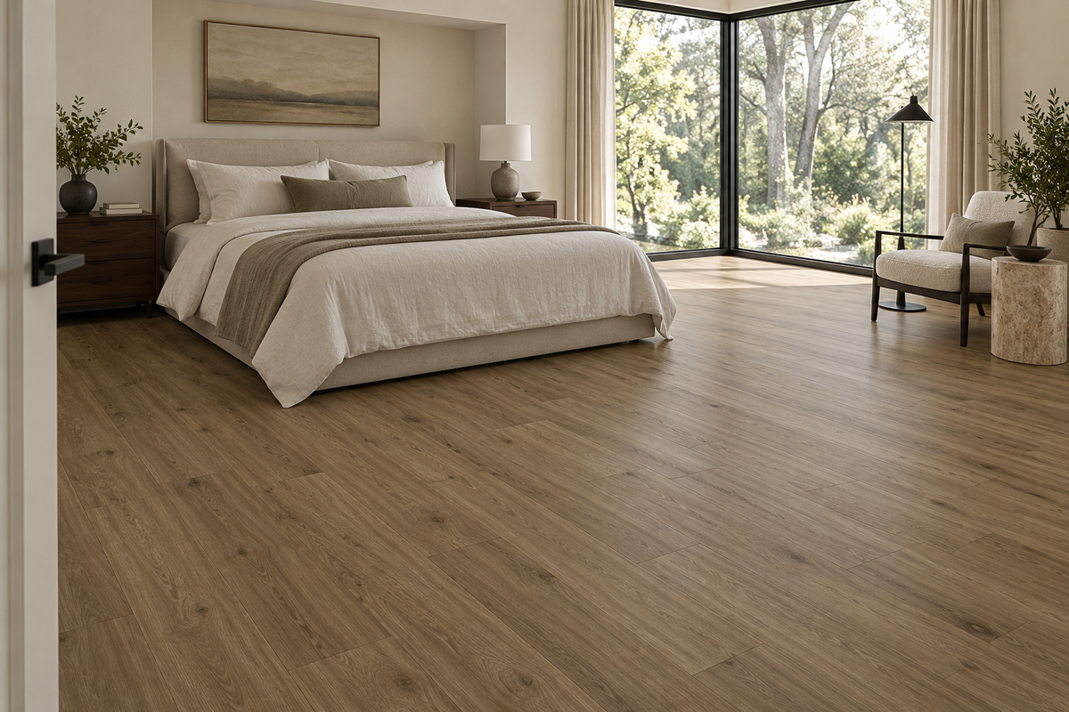 Milk Chocolate Brown Waterproof SPC Vinyl Plank Flooring — TFSPC121p-F — daytime bedroom. AI interior visualization based on original supplier finish photos.