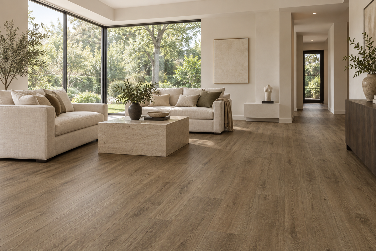 Milk Chocolate Brown Waterproof SPC Vinyl Plank Flooring — TFSPC121p-F — daytime living room. AI interior visualization based on original supplier finish photos.