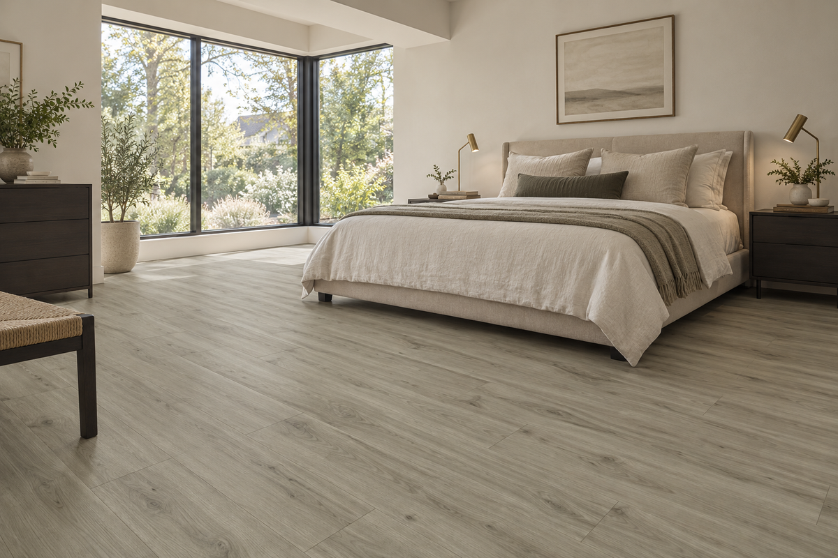 Pebble Light Grey Waterproof SPC Vinyl Plank Flooring — TFSPC309-F — daytime bedroom. AI interior visualization based on original supplier finish photos.