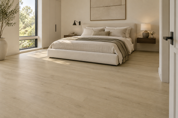 Oyster Engineered Hardwood Flooring — TCN101 — daytime bedroom. AI interior visualization based on original supplier finish photos.