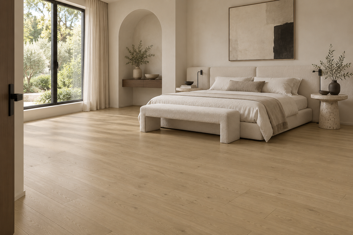 Sable Engineered Hardwood Flooring — TCN103 — daytime bedroom. AI interior visualization based on original supplier finish photos.