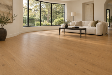 Woodland Engineered Hardwood Flooring — TCN104 — daytime living room. AI interior visualization based on original supplier finish photos.