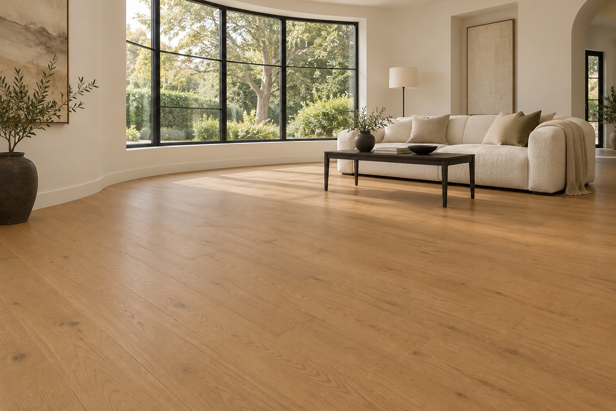 Woodland Engineered Hardwood Flooring — TCN104 — daytime living room. AI interior visualization based on original supplier finish photos.