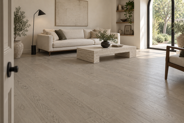 Sky Engineered Hardwood Flooring — TCN105 — daytime living room. AI interior visualization based on original supplier finish photos.