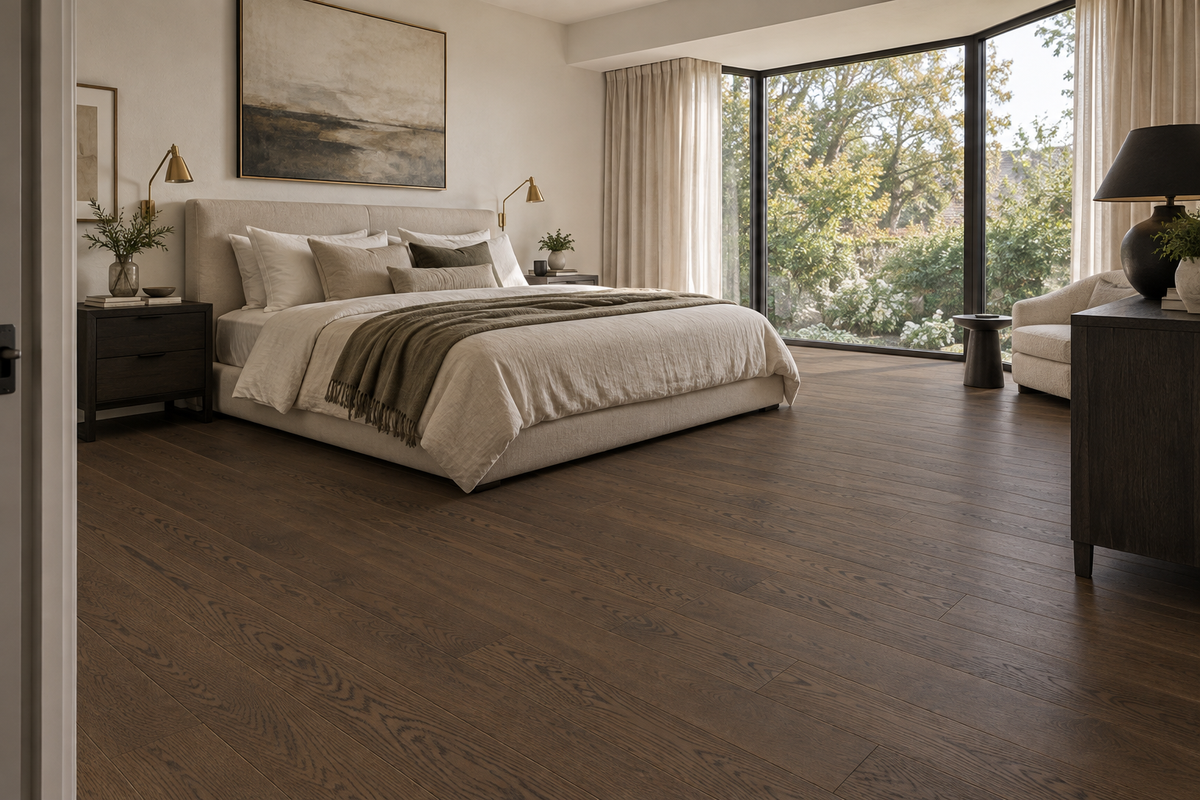 Shadow Engineered Hardwood Flooring — TCN106 — daytime bedroom. AI interior visualization based on original supplier finish photos.