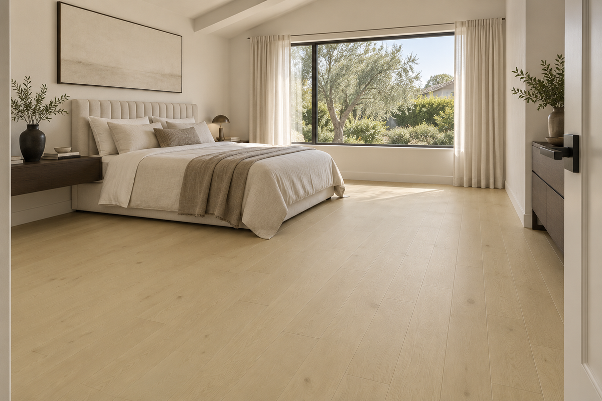 Silk Engineered Hardwood Flooring — TCN201 — daytime bedroom. AI interior visualization based on original supplier finish photos.
