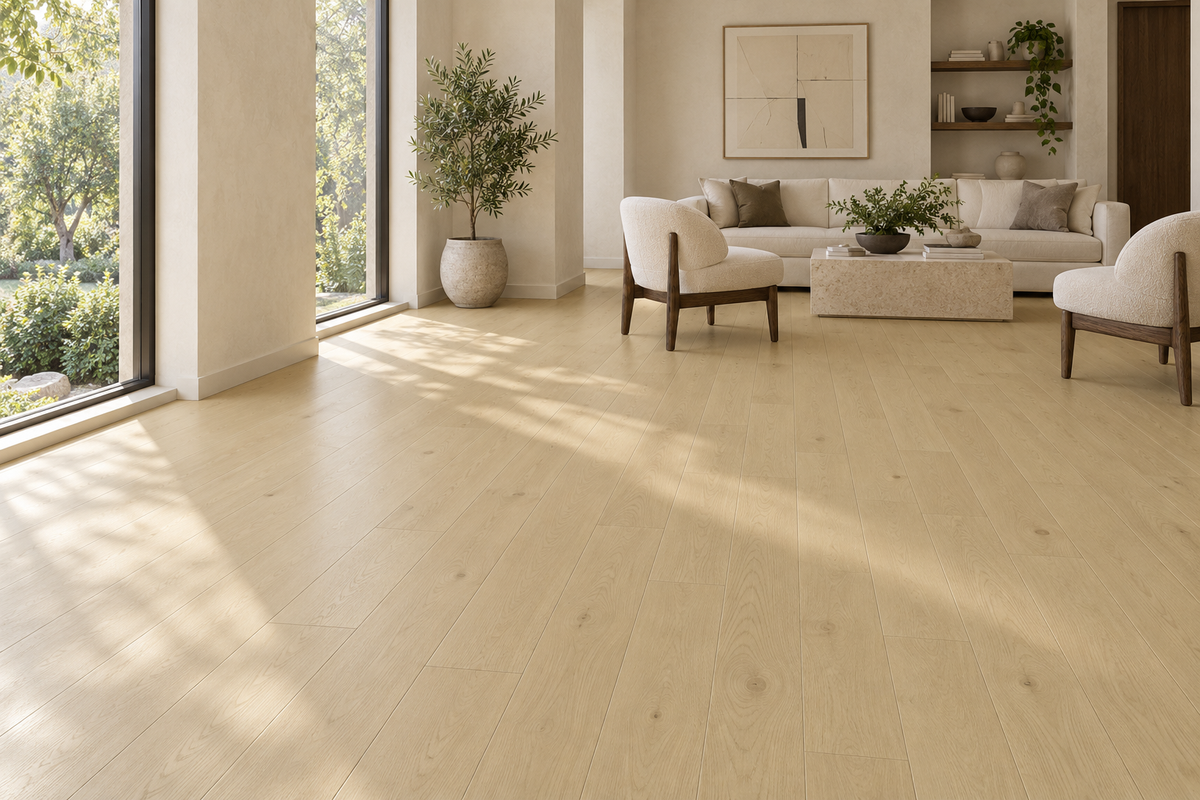 Silk Engineered Hardwood Flooring — TCN201 — daytime living room. AI interior visualization based on original supplier finish photos.