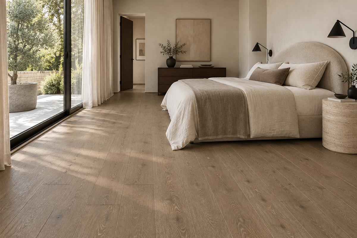 Hazelnut Engineered Hardwood Flooring — TCN204 — daytime bedroom. AI interior visualization based on original supplier finish photos.