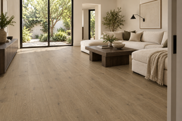 Hazelnut Engineered Hardwood Flooring — TCN204 — daytime living room. AI interior visualization based on original supplier finish photos.