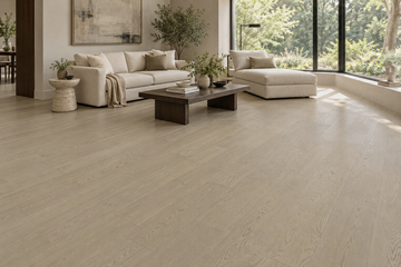 Cashmere Engineered Hardwood Flooring — TCN205 — daytime living room. AI interior visualization based on original supplier finish photos.