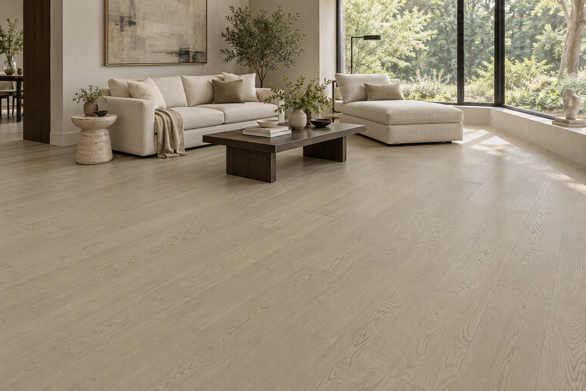 Cashmere Engineered Hardwood Flooring — TCN205 — daytime living room. AI interior visualization based on original supplier finish photos.
