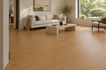 Nature Lite Laminate Flooring — TF1123-F — daytime living room. AI interior visualization based on original supplier finish photos.
