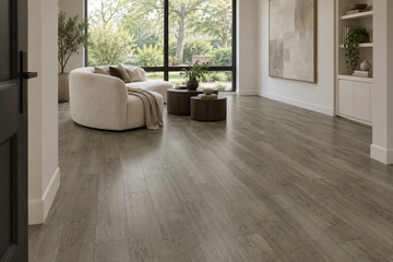 Nordic Grey Laminate Flooring — TF2501 — daytime living room. AI interior visualization based on original supplier finish photos.