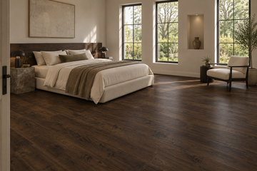 Titan Oak Laminate Flooring — TF3101-F — daytime bedroom. AI interior visualization based on original supplier finish photos.