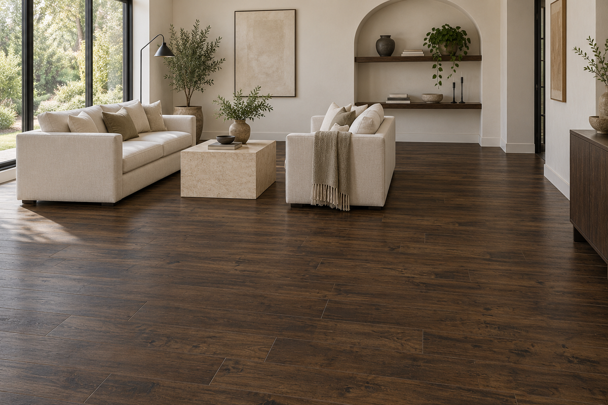 Titan Oak Laminate Flooring — TF3101-F — daytime living room. AI interior visualization based on original supplier finish photos.