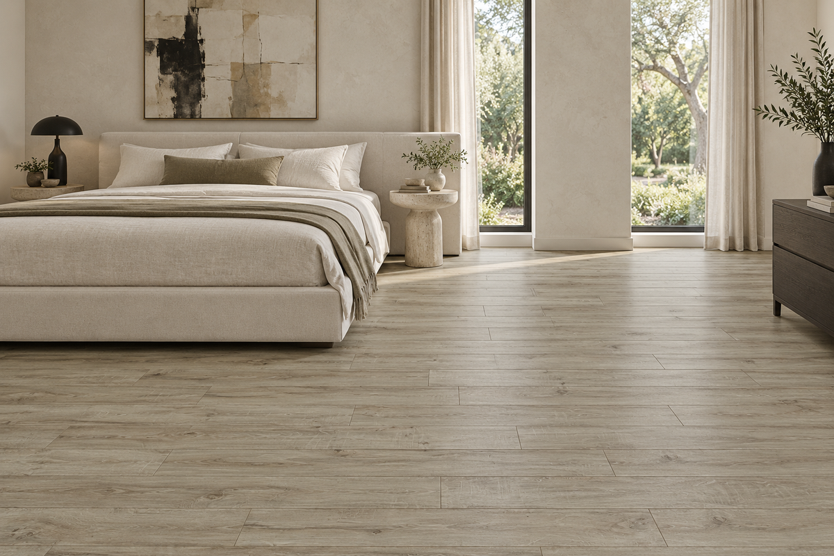Beige Laminate Flooring — TF4110-F — daytime bedroom. AI interior visualization based on original supplier finish photos.