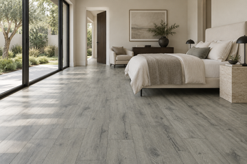 Aria Laminate Flooring — TF6008-F — daytime bedroom. AI interior visualization based on original supplier finish photos.