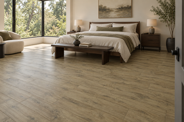 Brownstone Laminate Flooring — TF6010-F — daytime bedroom. AI interior visualization based on original supplier finish photos.