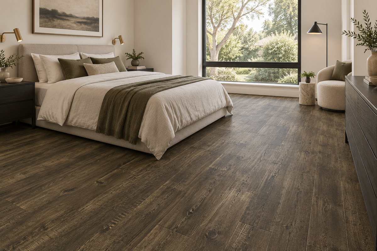 Alexander Laminate Flooring — TF6011-F — daytime bedroom. AI interior visualization based on original supplier finish photos.