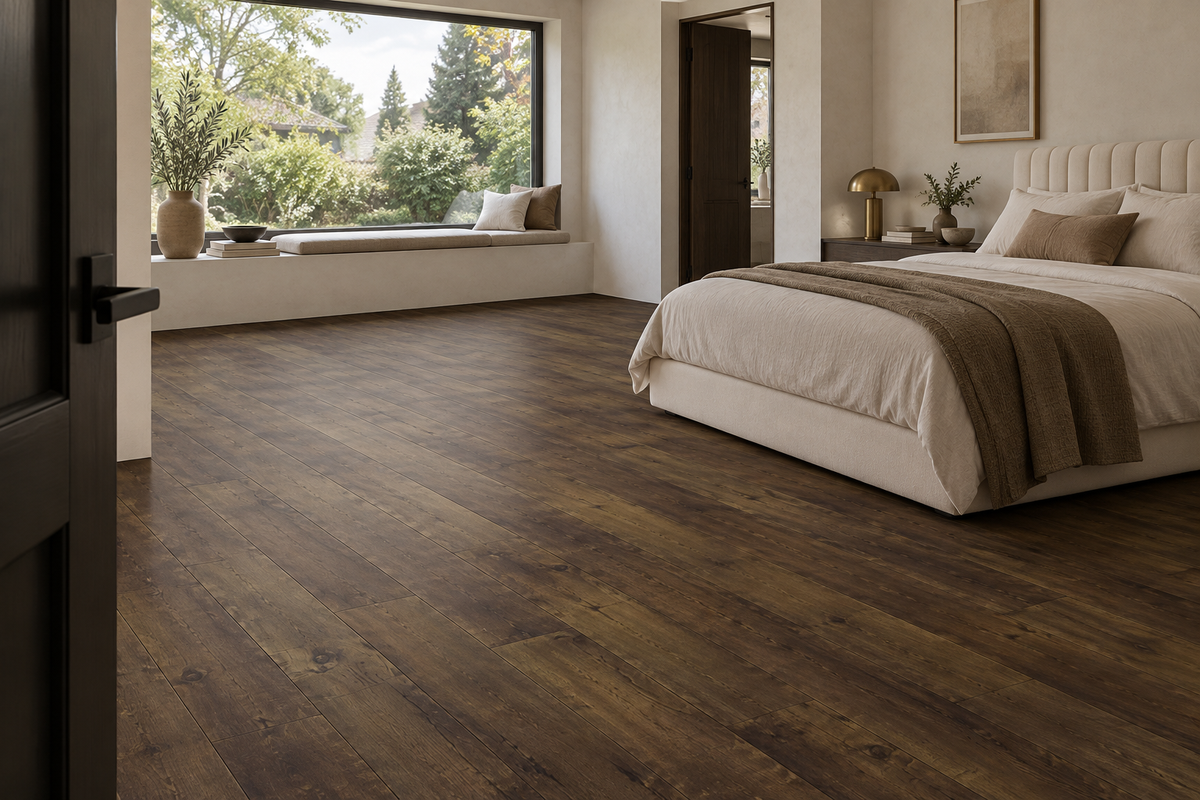 Elegant Laminate Flooring — TF6012-F — daytime bedroom. AI interior visualization based on original supplier finish photos.
