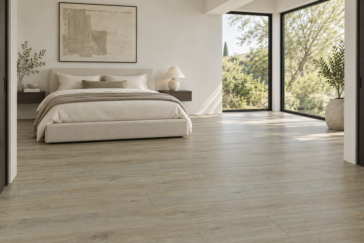 Toffee Laminate Flooring — TF6205-F — daytime bedroom. AI interior visualization based on original supplier finish photos.