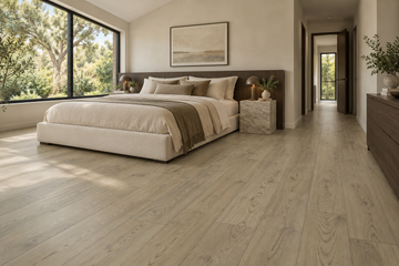 Machiato Laminate Flooring — TF6206-F — daytime bedroom. AI interior visualization based on original supplier finish photos.