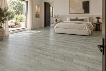 Gray Laminate Flooring — TF6209-F — daytime bedroom. AI interior visualization based on original supplier finish photos.