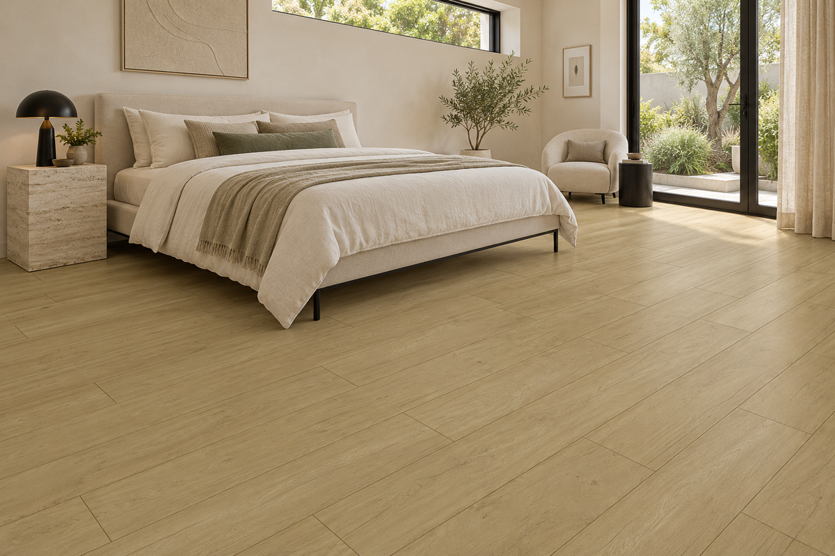 Sunlight Laminate Flooring — TF6210-F — daytime bedroom. AI interior visualization based on original supplier finish photos.