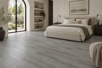Cloudy Laminate Flooring — TF6306-F — daytime bedroom. AI interior visualization based on original supplier finish photos.
