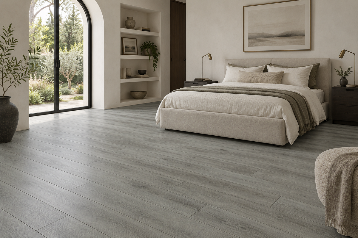 Cloudy Laminate Flooring — TF6306-F — daytime bedroom. AI interior visualization based on original supplier finish photos.