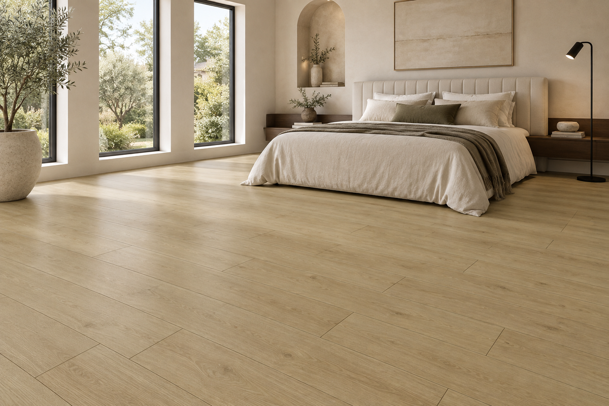 Warm Chestnut Laminate Flooring — TF6307-F — daytime bedroom. AI interior visualization based on original supplier finish photos.