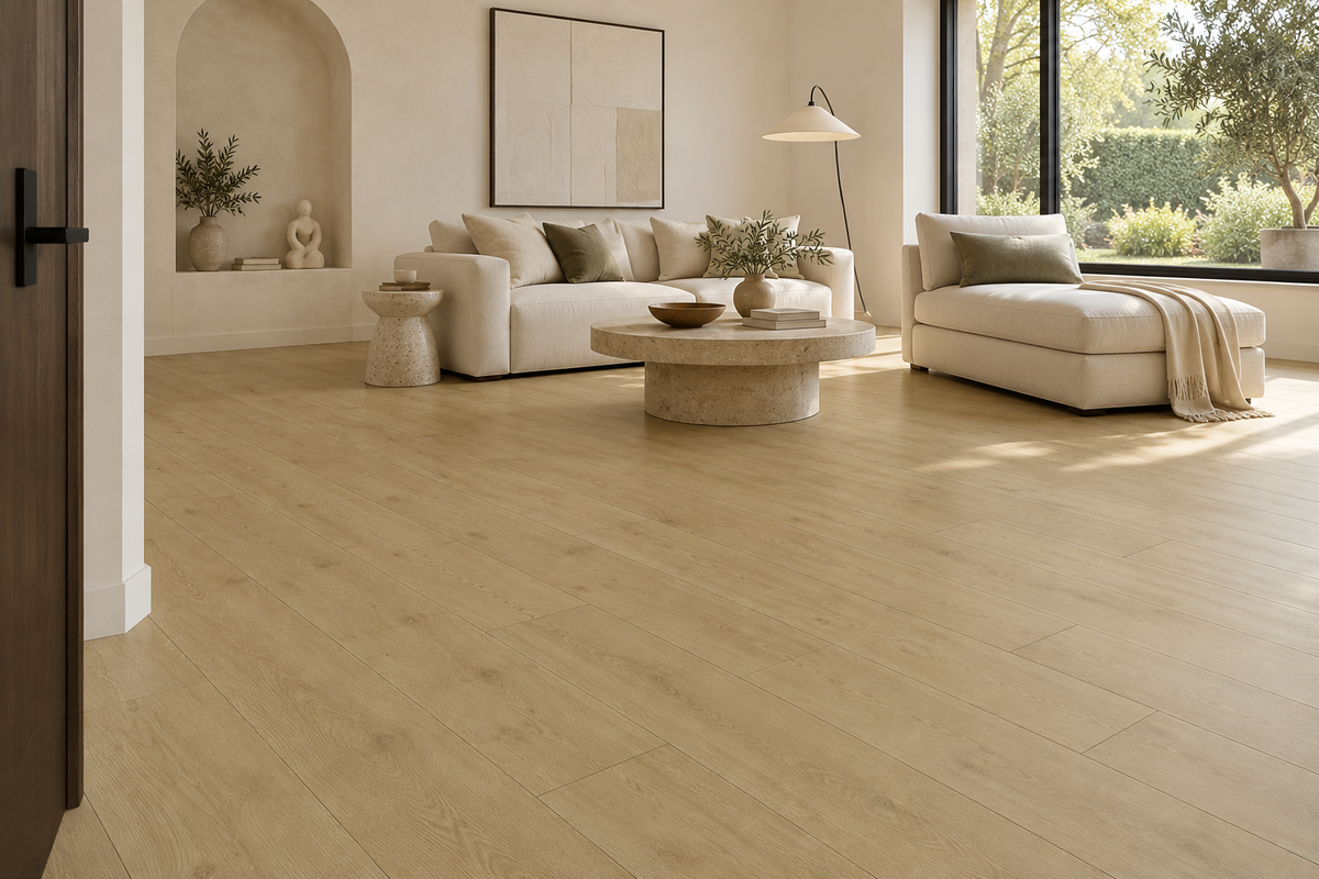 Warm Chestnut Laminate Flooring — TF6307-F — daytime living room. AI interior visualization based on original supplier finish photos.