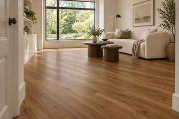 Cedar Crest Laminate Flooring — TF6606-F — daytime living room. AI interior visualization based on original supplier finish photos.