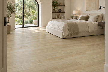 Edgewood Laminate Flooring — TF6607-F — daytime bedroom. AI interior visualization based on original supplier finish photos.
