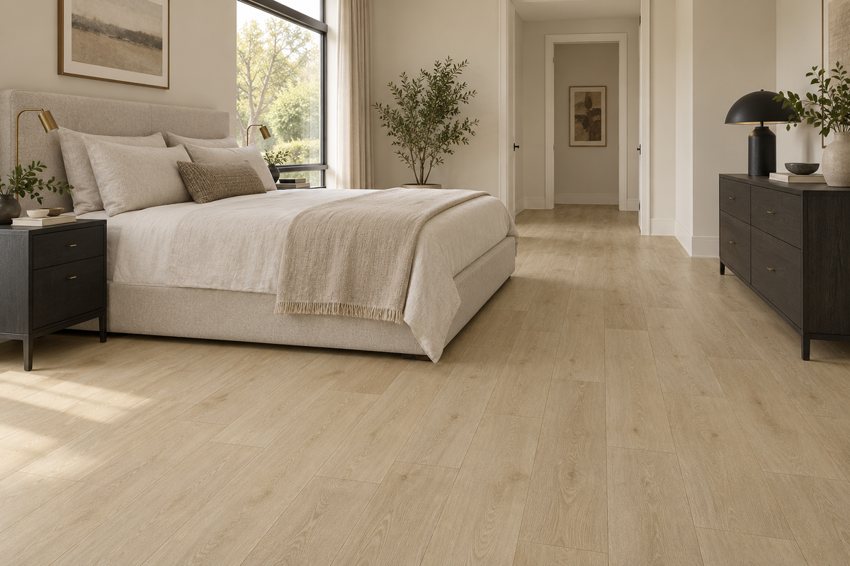 Melrose Laminate Flooring — TF6612-F — daytime bedroom. AI interior visualization based on original supplier finish photos.