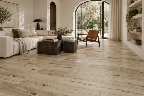 Advanced Nature Laminate Flooring — TF7007-F — daytime living room. AI interior visualization based on original supplier finish photos.