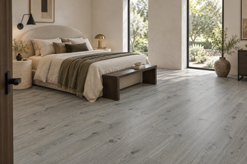 Summer Hare Laminate Flooring — TF8003 — daytime bedroom. AI interior visualization based on original supplier finish photos.