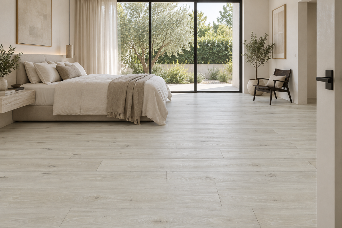 Chrysalis Laminate Flooring — TF8004 — daytime bedroom. AI interior visualization based on original supplier finish photos.