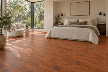 Terracotta Laminate Flooring — TF8005 — daytime bedroom. AI interior visualization based on original supplier finish photos.