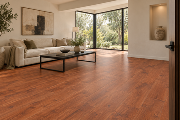 Terracotta Laminate Flooring — TF8005 — daytime living room. AI interior visualization based on original supplier finish photos.