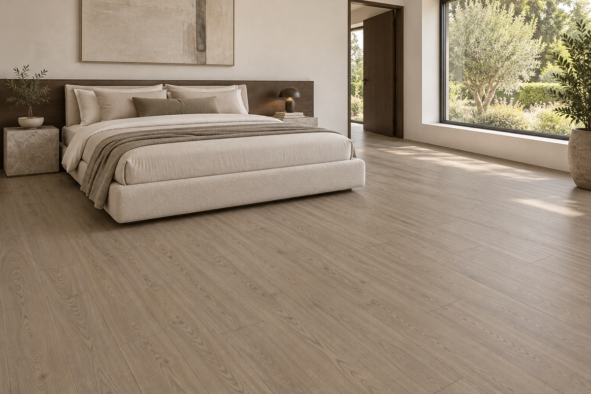 Sudede Laminate Flooring — TF8010 — daytime bedroom. AI interior visualization based on original supplier finish photos.