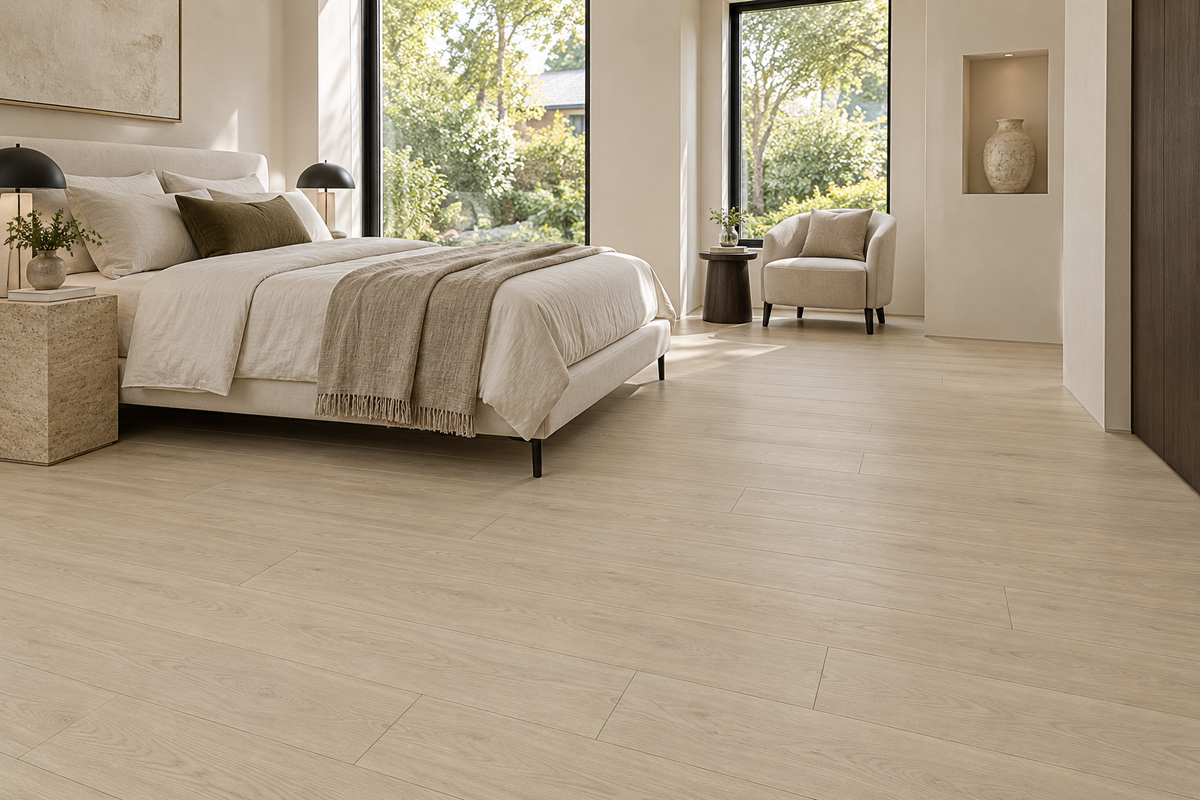 Canvas Laminate Flooring — TF8012 — daytime bedroom. AI interior visualization based on original supplier finish photos.