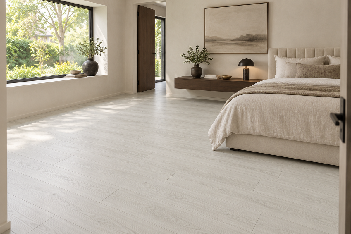 Arctic Hare Laminate Flooring — TF8301-F — daytime bedroom. AI interior visualization based on original supplier finish photos.