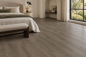 Beaver Laminate Flooring — TF8302-F — daytime bedroom. AI interior visualization based on original supplier finish photos.