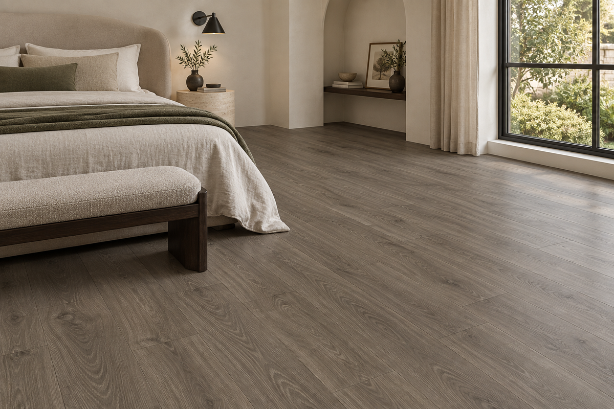 Beaver Laminate Flooring — TF8302-F — daytime bedroom. AI interior visualization based on original supplier finish photos.